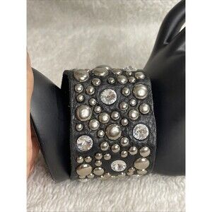 VTG King Star Cuff Soft BlackLeather With Rhinestones And Silver Bracelet Unisex